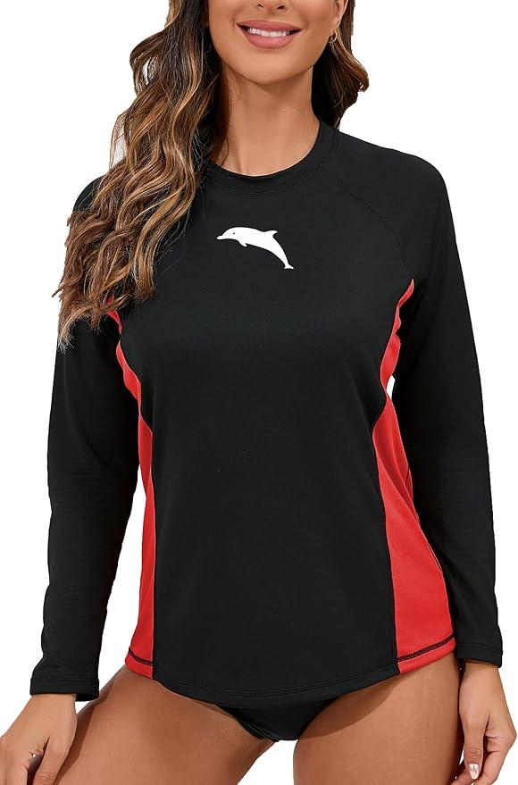Halcurt Women's Long Sleeve Rash Guard Swim Shirt with Built in Bra Lightweight UPF50+ Quick Dry Swimsuit Top Black Red XL