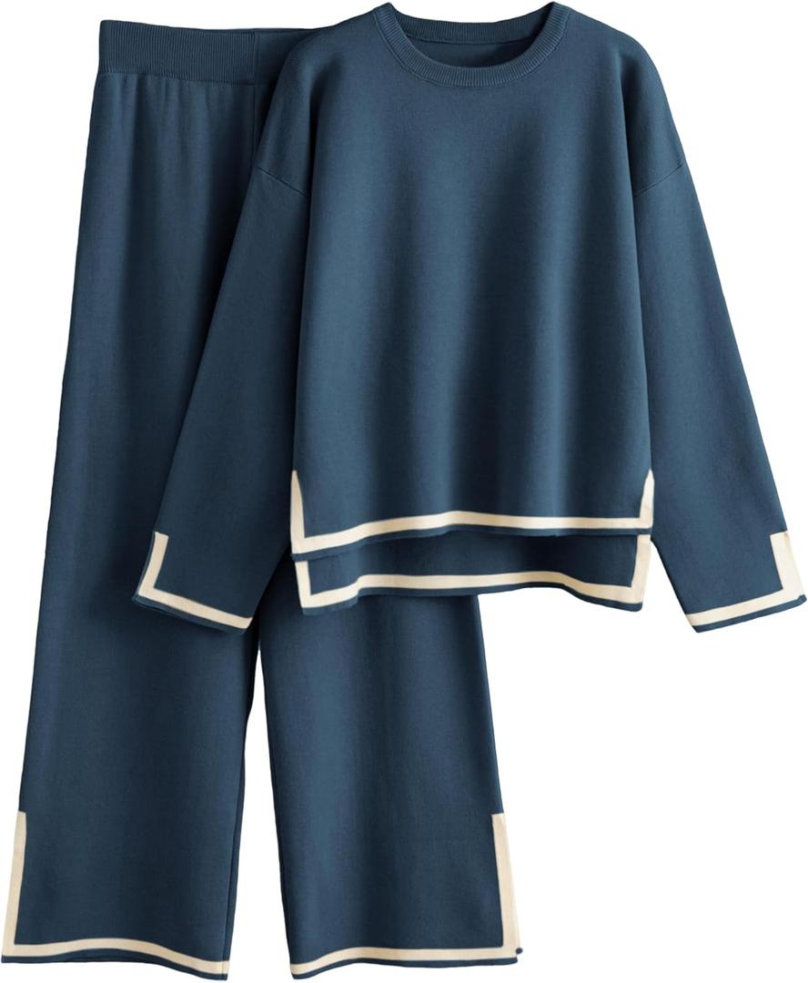 Tanming Women's 2 Piece Outfits Long Sleeve Knit Sweater Top Wide Leg Pants Lounge Sets Tracksuits (S, Navy)
