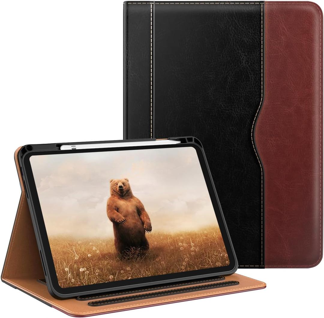 OKP Case for iPad A16 11th Generation 2025 / 10th Gen Case 2022, for 11 Inch / 10.9 Inch iPad Multi-Angle Viewing PU Leather Stand Cover with Pencil Holder & Pocket, Auto Sleep/Wake, Black Brown