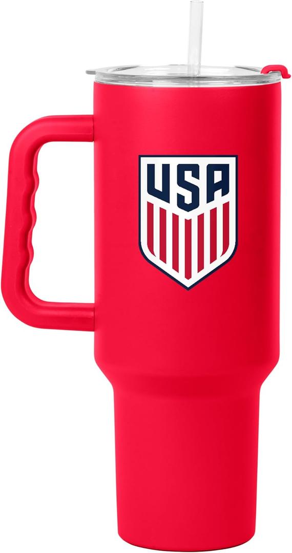 Logo Brands Soccer 40 oz Tumbler with Handle - Powder Coated-Stainless Steel with Straw  Leak-Resistant, Keeps Drinks Cold  Everyday Use  Great For Soccer Fans (USA)