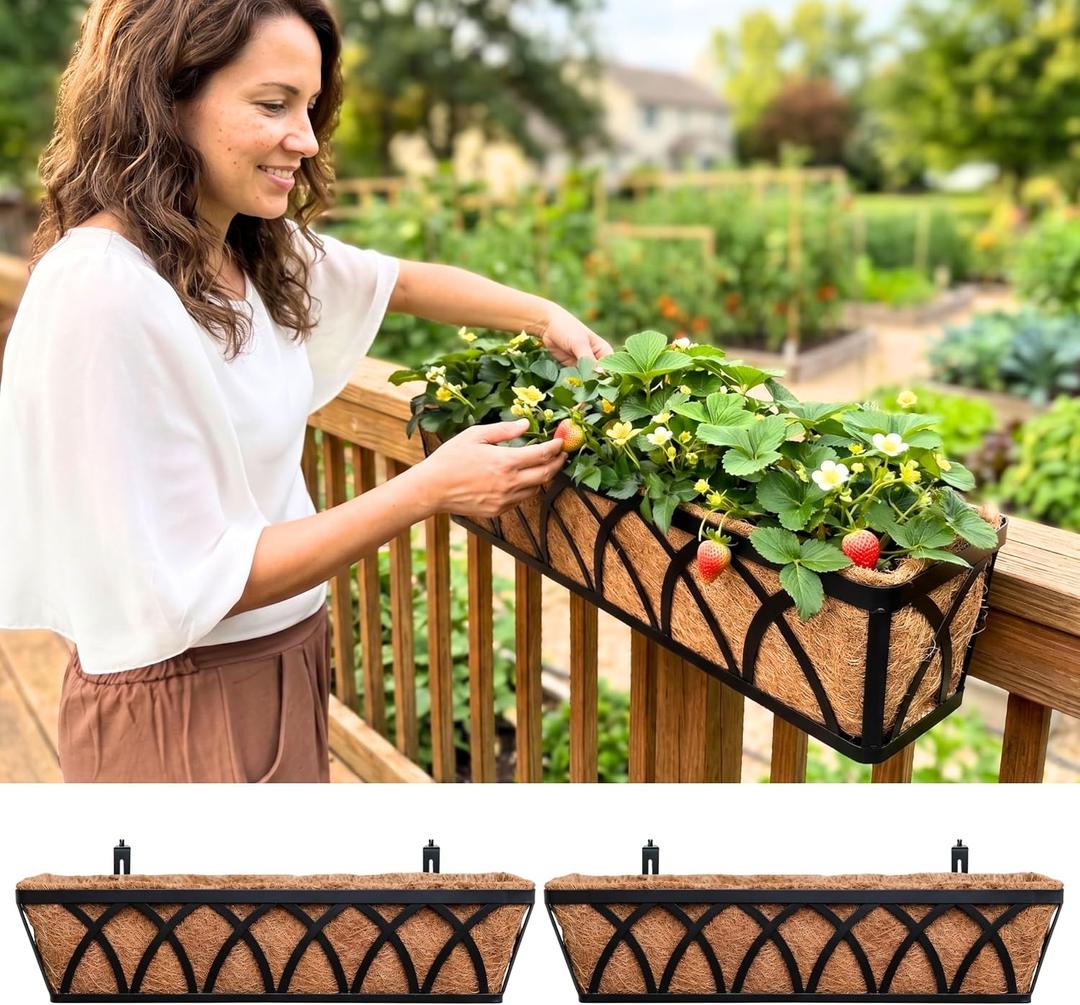 LaLaGreen Deck Railing Planter Boxes (30 Inch, 2 Pack) Wall Hanging Planters for Outdoor Plants, Black Metal Rectangular Window Flower Box with Coco Liner, Horse Trough Rail Fence Porch Patio Decor