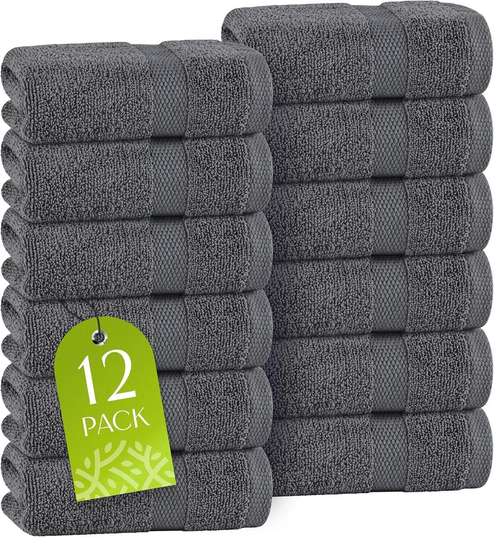 White Classic Dark Gray Washcloths Set for Body and Face Towel, Cotton Wash Cloths Bulk 12 Pack, Spa Fingertip Wash Clothes 12x12 Inch, Soft Absorbent Gym Towels