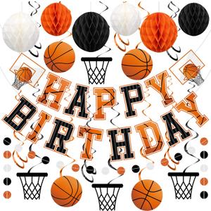 Pre-strung Basketball Birthday Party Decorations Basketball Happy Birthday Banner with Honeycomb Balls Basketballs Hoops Hanging Swirls Circle Dots Garland for Boys Men Sports Theme Party Decor
