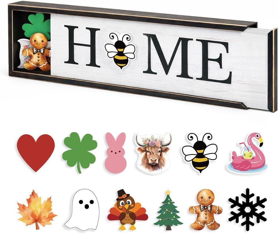 nuvagiki Interchangeable Seasonal Home Sign with 12 Icons, Farmhouse Wooden Table Decor, Rustic Tiered Tray Decorations for Holidays, Spring Summer Fall Christmas Home Decor