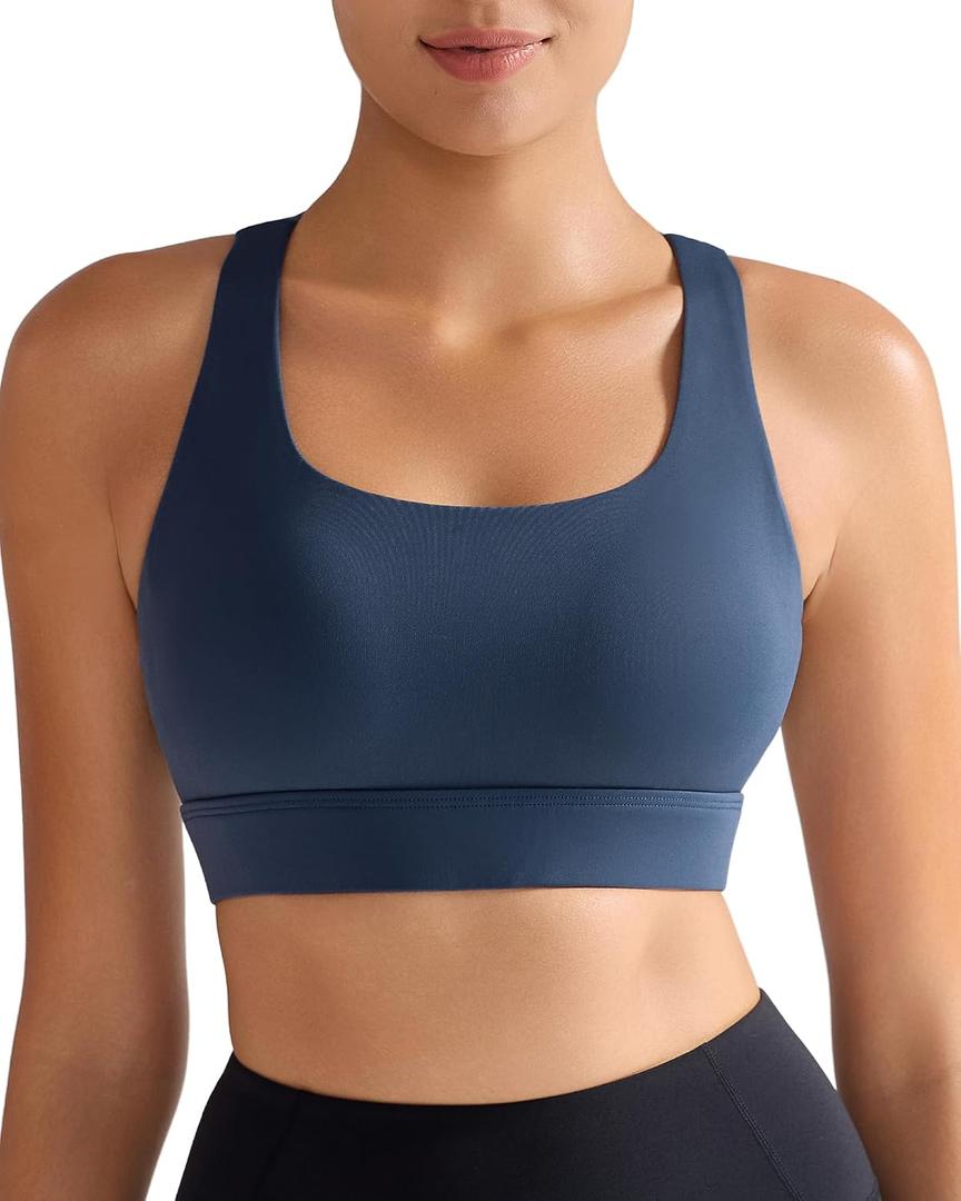 RUNNING GIRL High Impact Sports Bras for Women - Scoop Neck Strappy Sports Bra High Support Moulded Cup Workout Bra (Blue, L)