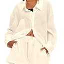 Darong Women 2 Piece Outfits Long Sleeve Button Down Blouse and Shorts Lounge Sets 9212 Beige XL