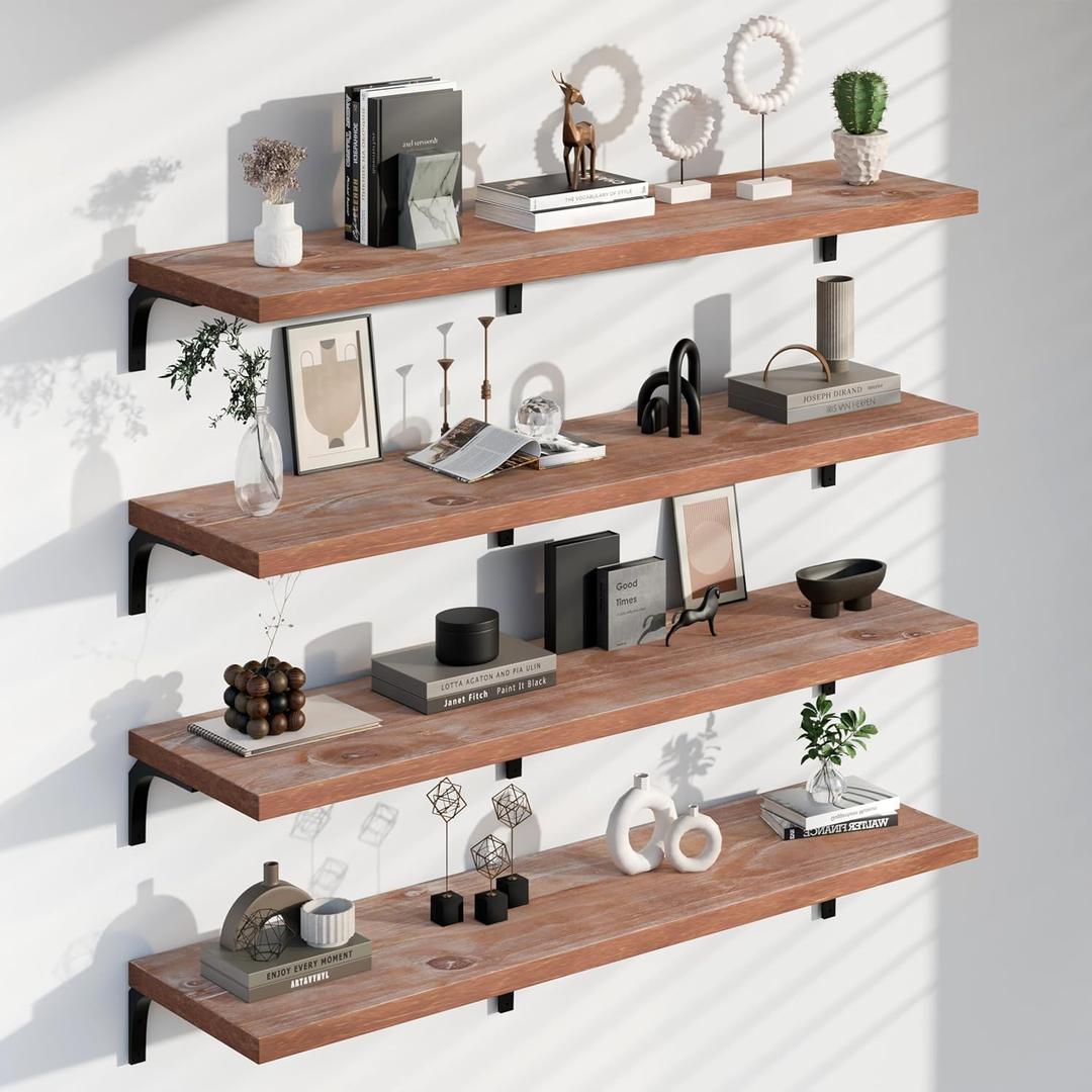 12 Inch Deep Floating Shelves Set of 4, 60 Inch Extra Long Brown Solid Wood Wall Shelves, 5ft Heavy Duty Farmhouse Wall Mounted Shelving for Kitchen, Living Room & Bedroom