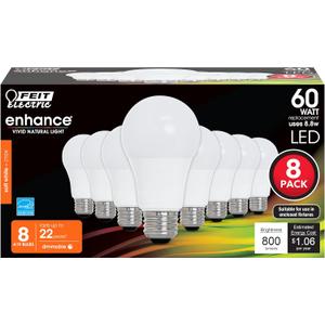 Feit Electric A19 LED Light Bulbs, 60W Equivalent, Dimmable, E26 Standard Base, 90 CRI, 800 Lumens, 2700K Soft White, 120V, 22 Years Lifetime, Damp Rated, 8 Pack, OM60DM/927CA/8 (8 Count (Pack of 1))