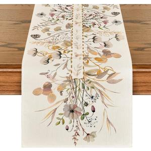 Artoid Mode Wildflower Leaves Floral Fall Table Runner, Autumn Thanksgiving Kitchen Dining Table Decoration for Indoor Outdoor Home Party 13x90 Inch (Brown)