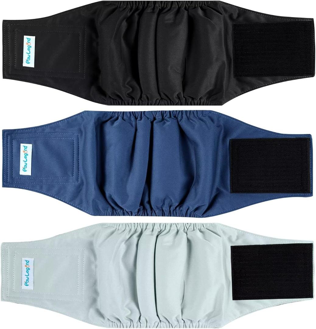 Paw Legend Washable Dogs Diapers Male Dog Belly Bands for Male Dogs Diapers Reusable Puppy & Doggie Diapers Male (3 Pack, Large) (Navy, Black, Grey.)