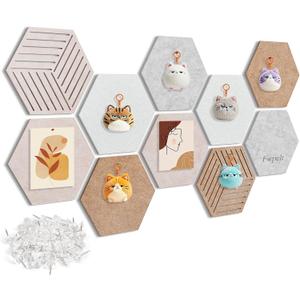 10 Pack Hexagon Cork Board Tiles Alternative, 12'' Fully Self-Adhesive Modern Felt Bulletin for Wall Decor, Frameless Pin Board for Office, Renter-Friendly Decorative Hexagon Corkboard with 30 Pins