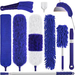 9PCS Dusters for Cleaning, Extendable Microfiber Duster with Extension Pole Up to 100'', Bendable Washable and Reusable Dusters Kit for Ceiling Fans, Blinds, High Ceilings, Furniture, Cars (Blue)