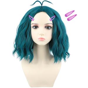 morvally Blue Green Costume Wig with Hairpins for Women Short Wavy Blue Green Wig Fun Anime Cosplay Halloween Wig (Adults)