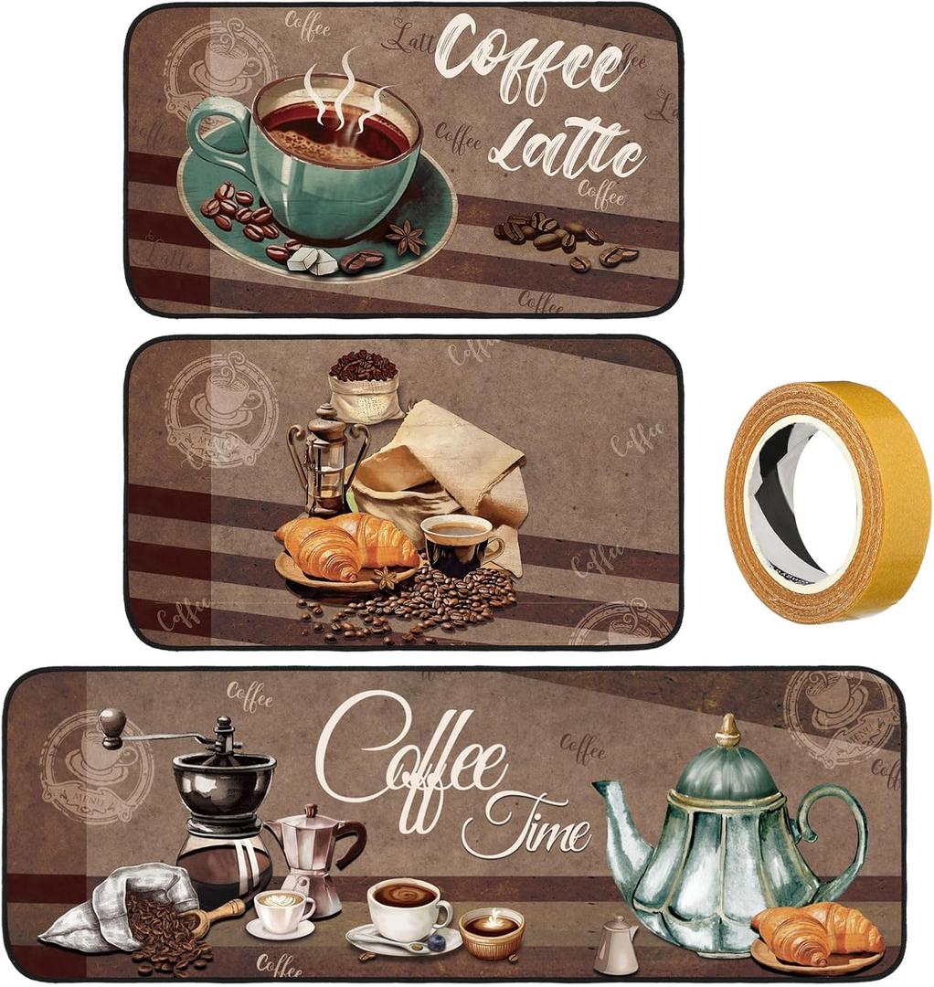 3 Pcs Coffee Kitchen Rugs and Mats Set Farmhouse Kitchen Decor Non Slip Washable Rustic Holiday Coffee Theme Floor Mat for Home Bar Office Bathroom Door Party Decor (Brown)