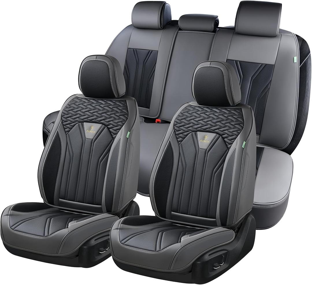 FLORICH Leather Seat Covers, Seat Covers Full Set, Car Seat Protectors 5 Seats, Automotive Seat Covers Fit for Most Cars Trucks SUV- Gray&Black
