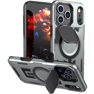 Designed for iPhone 17 Pro Max Case, Full Camera Protection, Built-in Invisible Kickstand, Heavy Duty Rugged Case with Dual-Layer Shockproof, Wireless Charging Compatible (Gray)