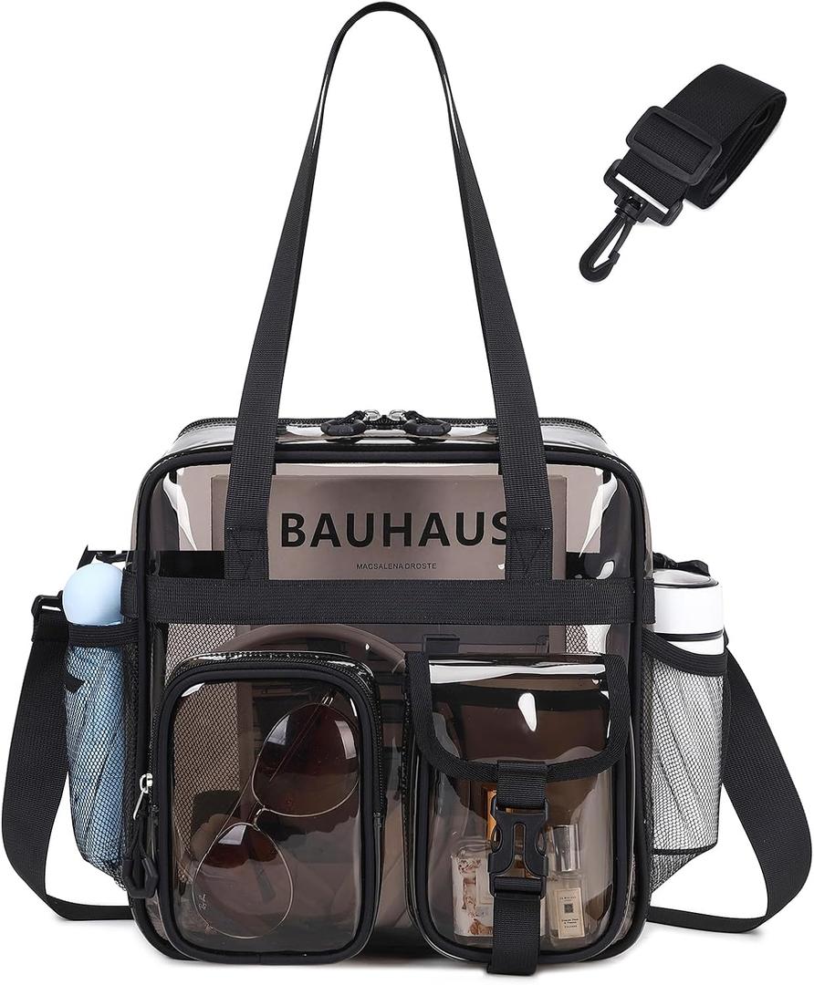 Clear Tote Bag, Heavy Duty PVC 12x 12x6 in Clear Bag for Stadium Events for Women Men (Semi-black)