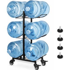 5 Gallon Water Jug Holder with 4 Wheels, Movable Heavy Duty Foldable Water Jug Stand 3-Tier 5 Gallon Water Bottle Holder Water Cooler Jug Storage Rack for 6 Bottles(Black)