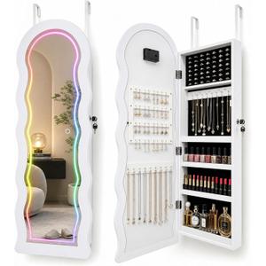 Fiqevs Wall/Door Mirror Jewelry Cabinet, Remote Control RGB Light Mirror, Hanging Jewelry Organizer with Full-Length Mirror and Storage, Item Dimensions D x W x H 3.54"D x 15.35"W x 42.52"H