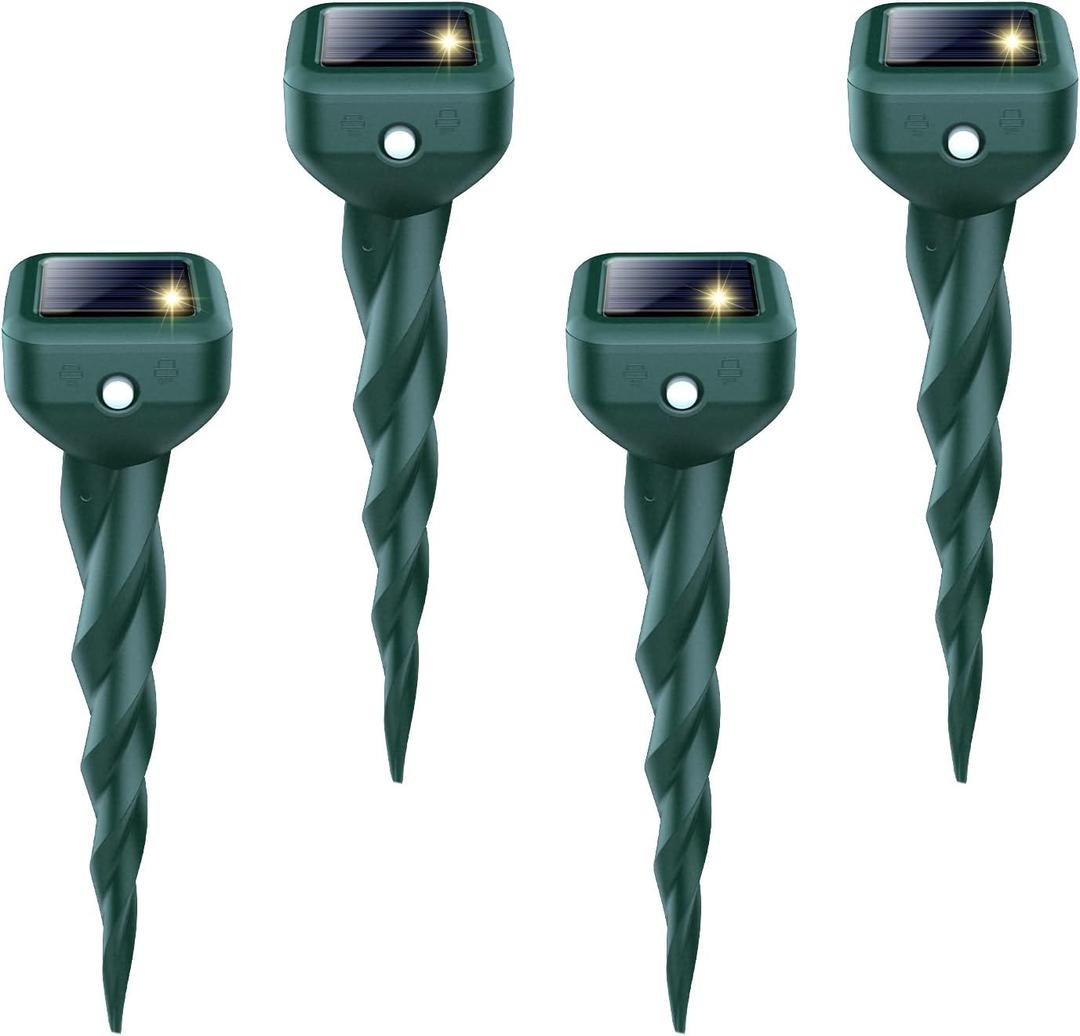 Mole Repellent Solar Powered, 4 Pack Snake & Skunk Repellent for Yard, IP 65 Waterproof Ultrasonic Deterrent Stakes, Get Rid of Rabbit, Gopher, Vole, Chipmunk, Deer, Groundhog for Lawns Garden