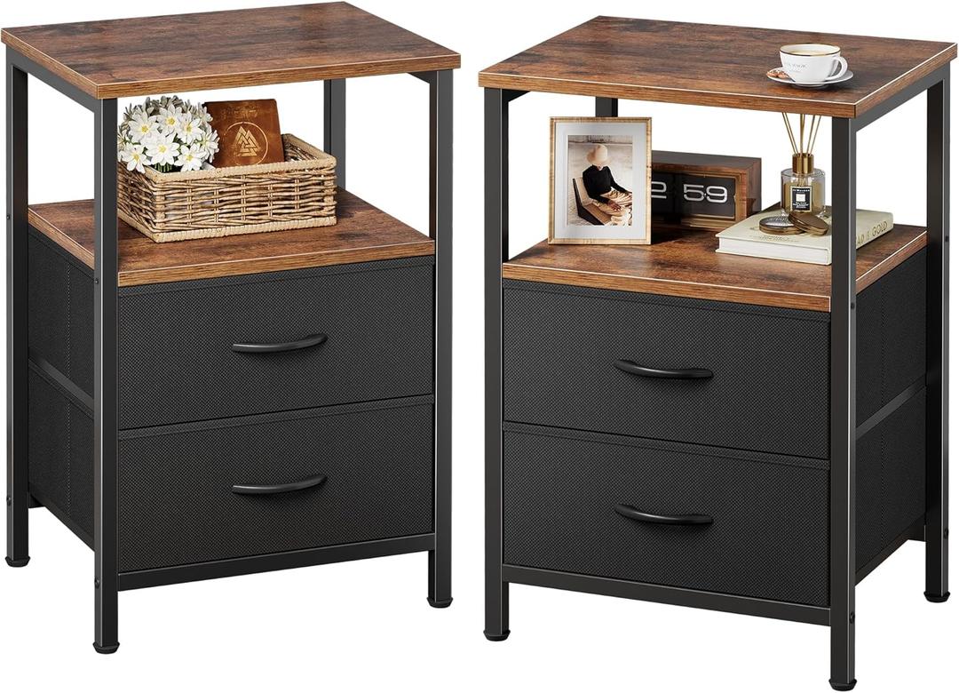 Huuger Night Stand Set of 2, Nightstand with 2 Drawers, Bed Side Table with Open Shelf, Wooden Top, End Table, Fabric Drawer, for Bedroom, Rustic Brown and Black