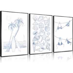 Trendy Coastal Wall Art Set of 3 Blue Seashell Bikini Coquette Posters Prints Coastal Granddaughter Beach House Preppy Aesthetic Wall Decor Pictures for Girly Bedroom Dorm Apartment Unframed 12x16in