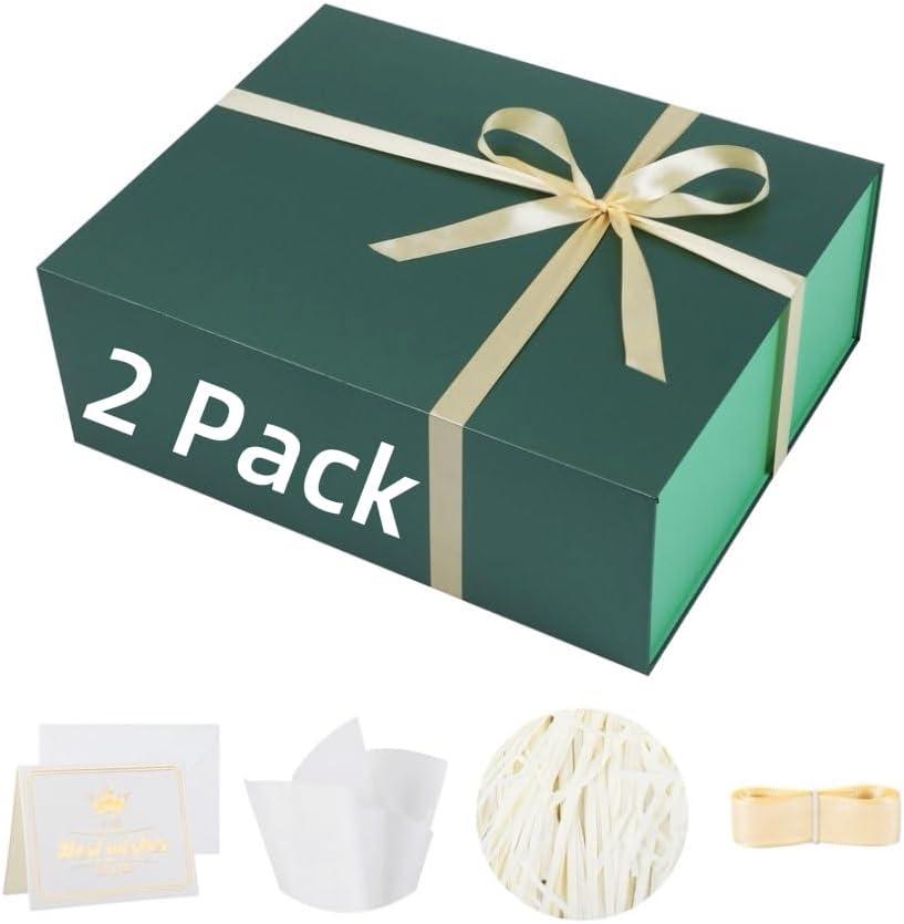 UoeRing 2 Pack Extra Large Green Gift Box 20x16x7 inch Luxury Gift Box for Presents with Magnetic Closure Lid Collapsible,Birthday,Christmas,Contains Card, Ribbon,Tissue Paper,Shredded Paper Filler