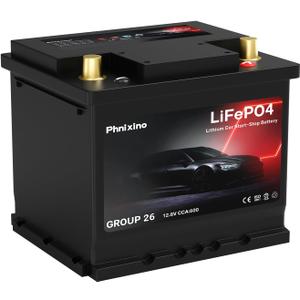 Lithium Car Battery 12V Group 26 Start and Stop, 512WH 600CCA LiFePO4 Automotive Battery For Car, Dimensions 8.14" L x 6.88" W x 7.08" H