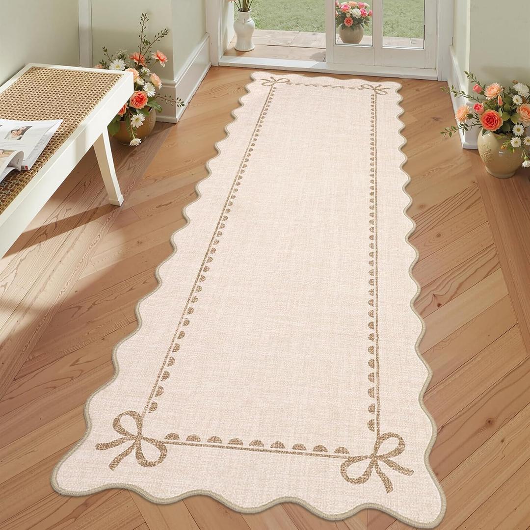 GarveeHome Scalloped Bow Rug for Living Room, Solid Beige Rug for Dorm, Washable Runner Rug 2.5x10 Soft Low Pile Non Slip Scalloped Rugs for Nursery Bedroom Decor Hallway Entryway Playroom