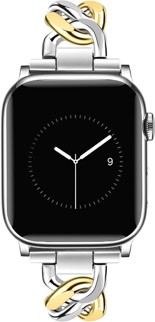 JR.DM Silver Gold Watch Bands for Women Compatible with Apple Watch 46(S10/11)/49/45/44/42mm(S1/2/3) Adjustable Metal Single Chain Bracelet for iWatch Series 11/10/9/8/7/6/5/4 SE 3/2/1 Ultra (No Case)