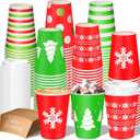 Mimorou 120 Pack Christmas Coffee Cups with Lids and Sleeves, 12 oz Disposable Paper Holiday Party Cups Printed with Snowflakes, Christmas Trees, Stripes and Polka Dots for Xmas Party Supplies