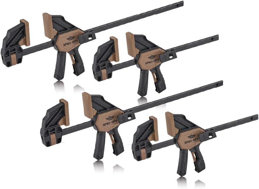 Spec Ops Trigger Clamp for Woodworking 7" Medium, 13" Large, One-Handed Bar Clamp/Spreader 4-Pack