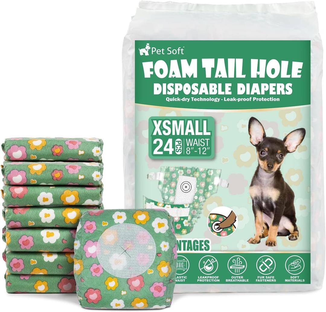 Pet Soft Female Dog Diapers - Disposable Dog Diapers with Adjustable Foam Tail Hole, Cat & Puppy Diaper for Dogs in Heat or Incontinence, X-Small (24Pcs, Green)