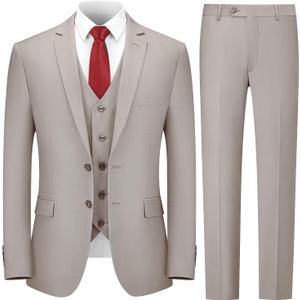 Cooper & Nelson 3 Piece Mens Suit Set, Slim Fit Suit for Men, Solid Jacket, Vest, Pants and Tie (4X-Large, Beige)