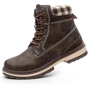 Women Work Boots - Hiking Waterproof Ankle Shoes Lightweight Brown Plaid Cotton Lined, Size 9.5