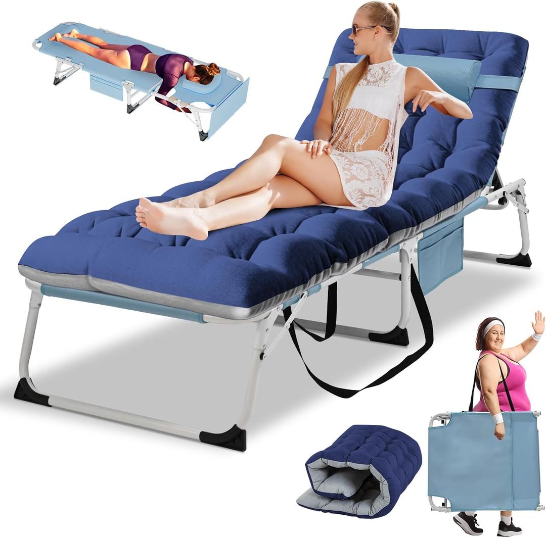 LILYPELLE Tanning Chair with Face Hole, Heavy Duty Outside Lounge Chairs with Mattress, Folding Outdoor Face Down Tanning Chair Arm Hole for Beach Poolside Patio Sunbathing Lawn Camping (Sky Blue Extra Wide)