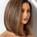 GORGIUS Brown Highlight Bob Lace Front Wig Glueless Straight Short Wigs Upgrade with Human-Hair-Like Sythetic Hair Pre Cut Pre Plucked Side Part Hairline 12 Inch