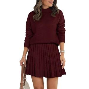 COCCKO 2 Piece Skirt Sets for Women Spring Fashion 2026 Flowy Pleated Mini Skirts and Turtleneck Long Sleeve Basic Sweaters M