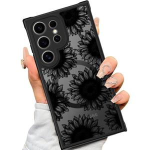 SEXYMOM Magnetic for Samsung Galaxy S24 Ultra Case - Wireless Charging Compatible,Cute Floral Design for Women and Girls,Slim Fit Translucent Matte Phone Case - Sunflower