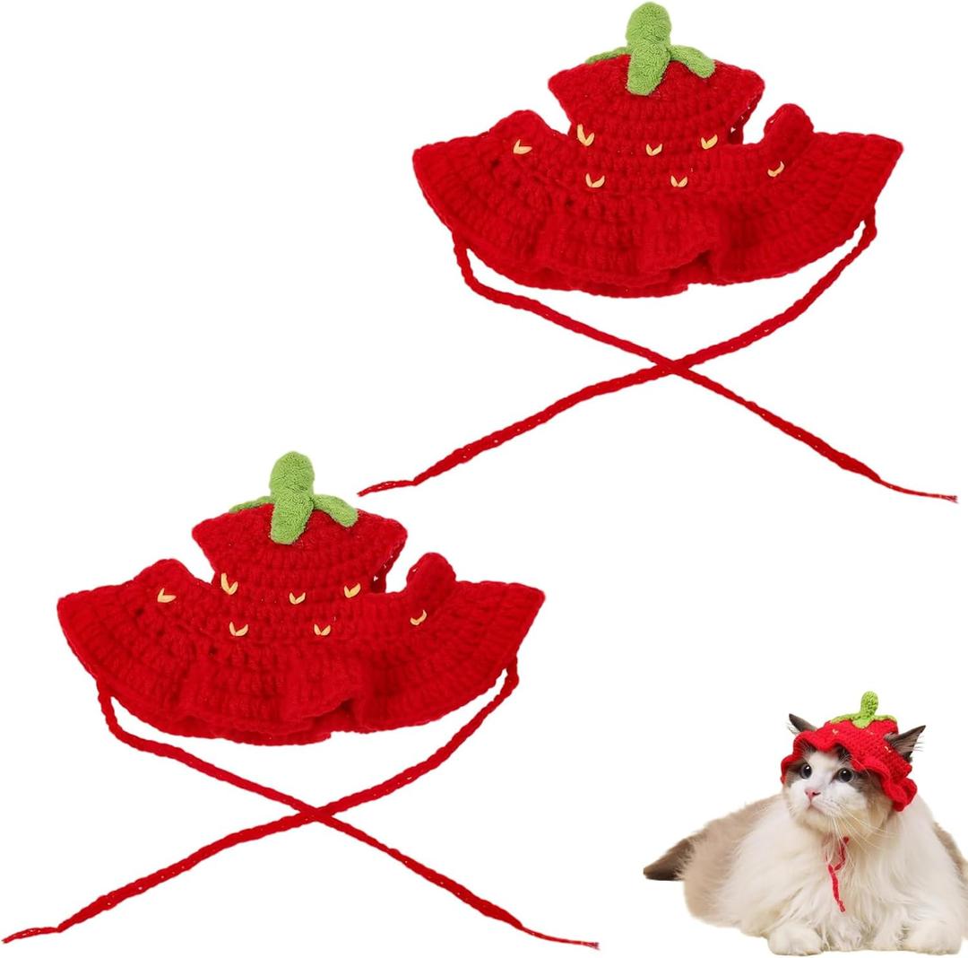 Cat Strawberry Hat, Soft Knit Bonnet, Red, M | Adjustable Ears, Party Head Wear, 2 PCS