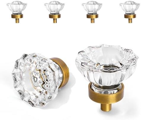 Vintage Cabinet Knobs Crystal Cabinets Knob 4 Pack, Antique Brass Small Pull Clear Crystal For Closet Dresser Drawers Cupboard Wardrobe, Solid Alloy Retro Pulls Single-Hole Old Fashioned Handle