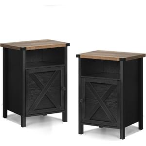 Farmhouse End Table, Nightstand, End Tables with Barn Door and Shelf, Wooden Sofa Side Table, Modern Bed Side Table Rustic Nightstands Set of 2, Bedroom, Living Room, Black