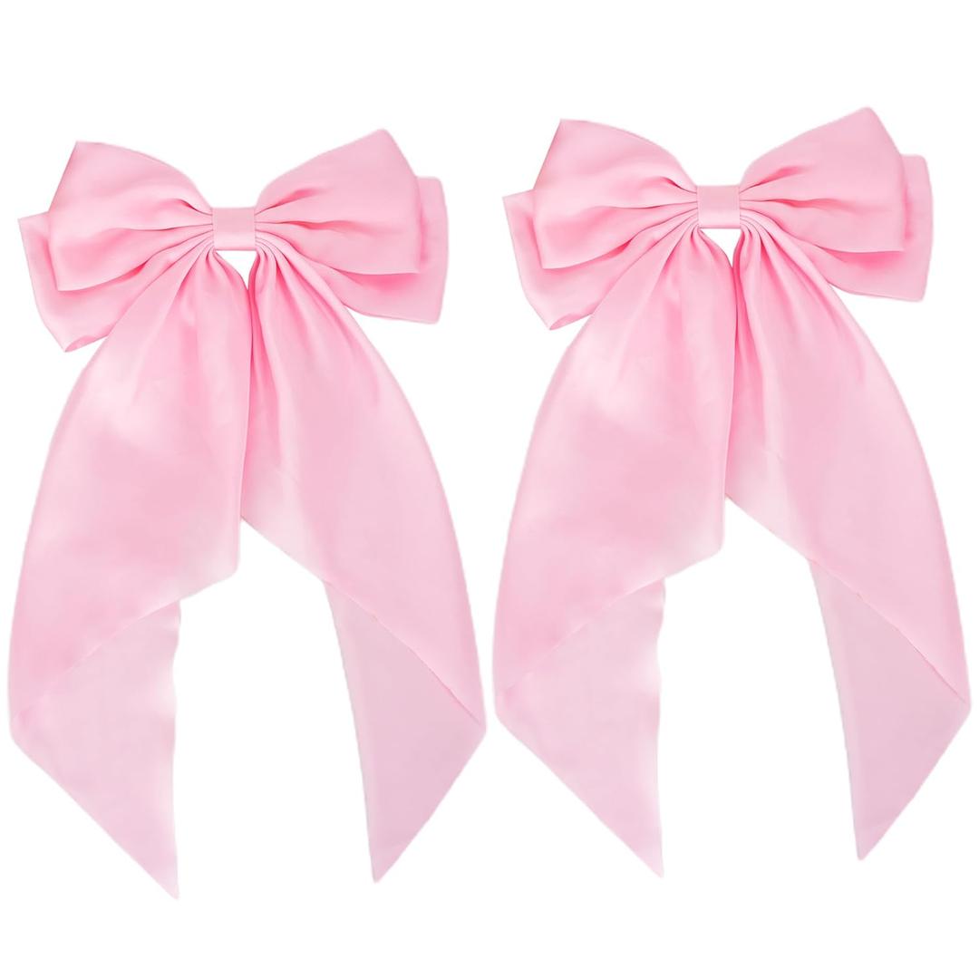 Pink Satin Oversized Hair Bows with Long Tails - Metal Barrettes, Silky Ribbon Aesthetic Hair Accessories for Women and Girls