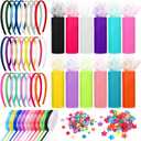 Thiccywoov 24 Pcs Rainbow Headbands 12 Pcs Tulle Mesh Fabric Rolls 200 Pcs Felt Flowers Embellishments for DIY Crafts 12 Pcs Colorful Satin Roll Ribbons for DIY Headbands Party Decoration