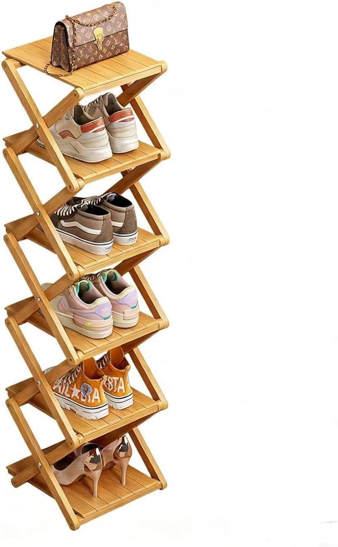 Bamboo Shoe Rack - No Assembly Required, Tall Narrow Foldable Shoe Organizer, Space-Saving Multifunctional Shelf for Entryways, Corners, Bedrooms, Balconies, 6 Layer(Reinforced and Thickened)