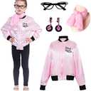 Sincere Party Pink Satin Jacket Back to the 50s Costume for Girls with Glasses,Scarf,Earrings Small(4-6) : Toys & Games