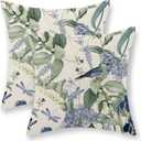 Chinoiserie Pillow Covers 18x18 Set of 2 Blue Green Floral Bird Pillow Cases Vintage Flower Seasonal Outdoor Throw Pillows Linen Farmhouse Chinoiserie Decorative Cushion Case for Couch Sofa