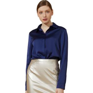 Escalier Women's Silk Blouse Long Sleeve Satin Button Down Shirt Casual Work Office Silky Blouse Top (Small, Navy)