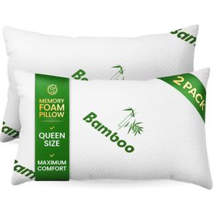 Memory Foam Pillows Queen Size Set of 2 - Cooling Bed Pillows for Sleeping - Back, Stomach, Side Sleeper Firm, Comfy Cool Shredded - 2 Pack, Rayon Derived from Bamboo