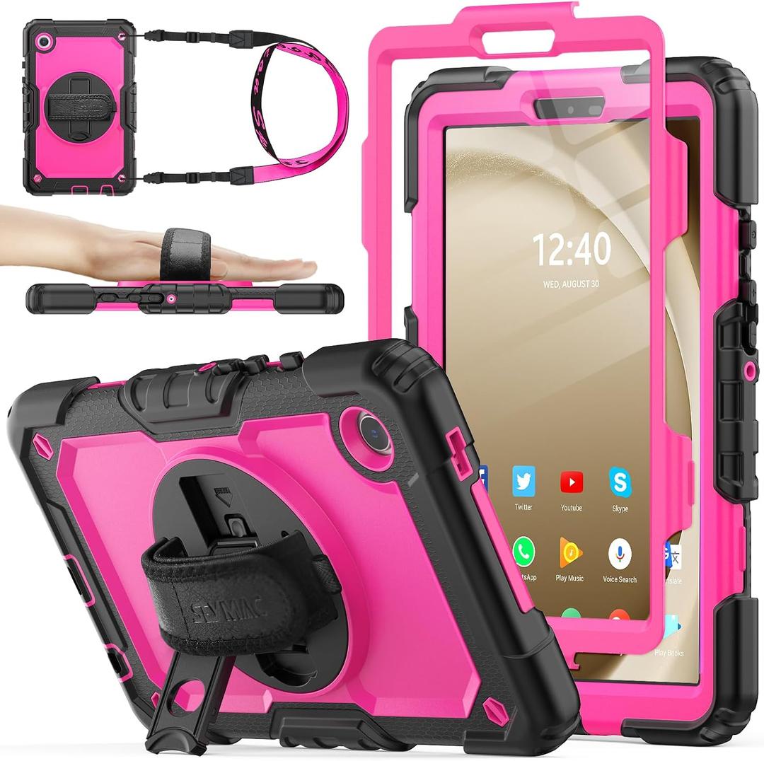 SEYMAC stock Case for Samsung Galaxy Tab A9 8.7'', Full-Body Drop Protection Case with Screen Protector Pencil Holder [360 Rotating Hand Strap] &Stand, Pink+Black